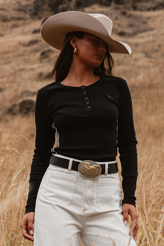 Laila Womens Long Sleeve Rib Top - Black